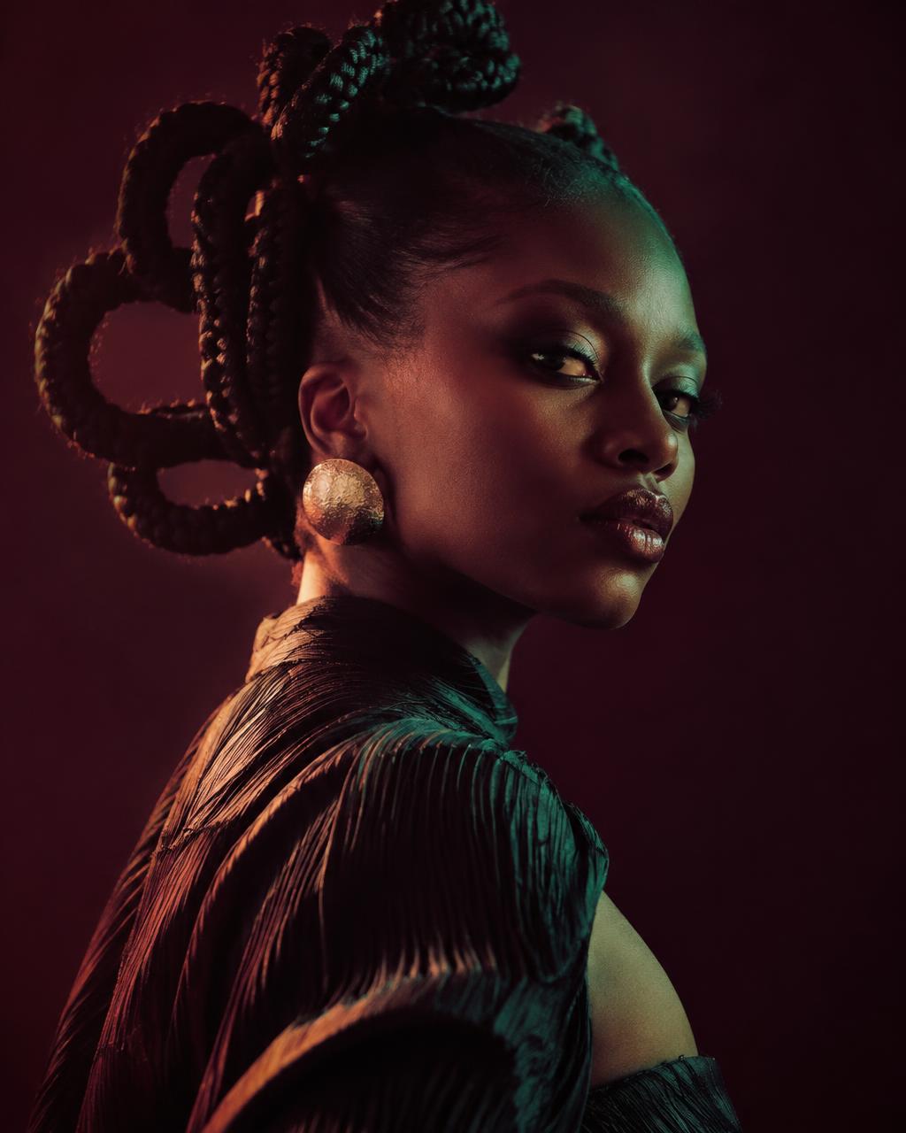 AI-generated editorial portrait with mint and peach rim light